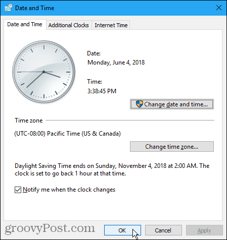 Pogovorno okno Datum in čas v operacijskem sistemu Windows