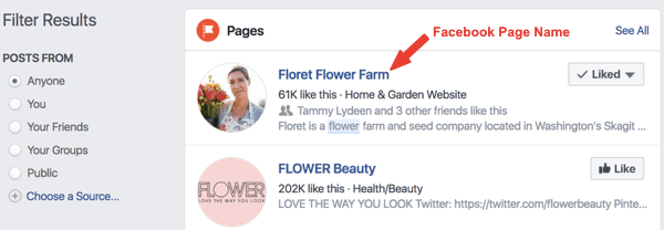 Primer Facebook strani z imenom Floret Flower Farm v rezultatih iskanja.