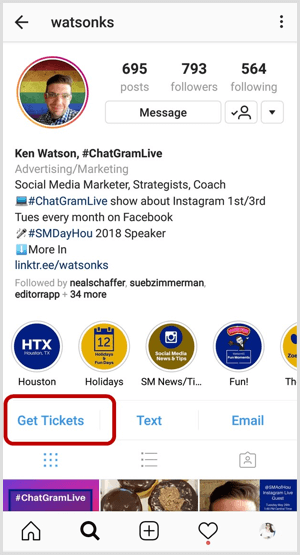 primer akcijskega gumba Instagram na poslovnem profilu