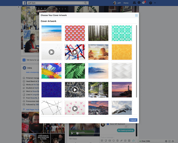 Facebook zdaj uporabnikom omogoča, da iz knjižnice Artwork izberejo video za naslovno sliko profila. 
