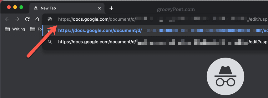 Lepljenje povezave za skupno rabo Google Dokumentov v naslovno vrstico okna brez beleženja zgodovine Google Chrome