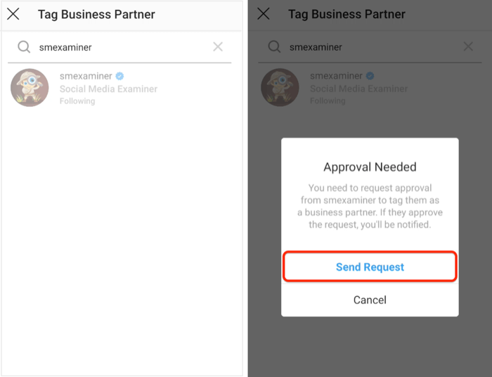 poslati zahtevo za odobritev poslovnemu partnerju na Instagramu