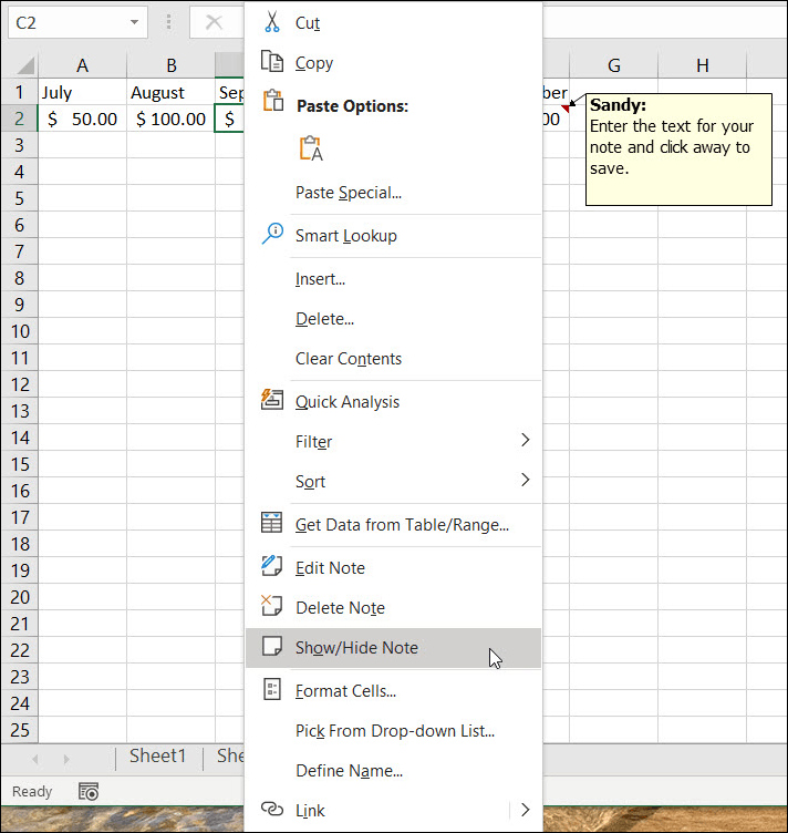 Pokaži ali skrij opombe v Excelu