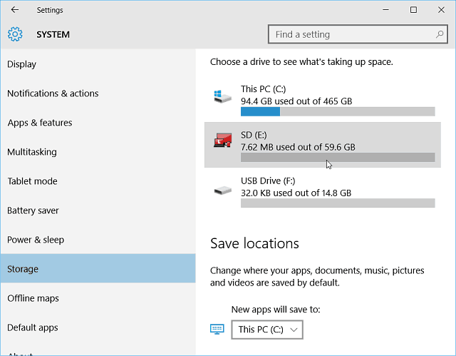 Nastavitve Shranjevanje Windows 10