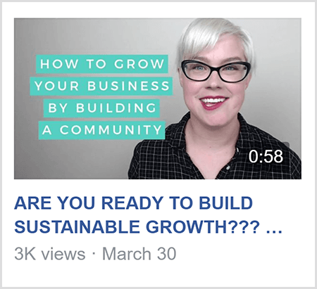 Da bi poučevala v Facebook skupini, Caitlin Bacher deli videoposnetek, podoben temu, z besedilom Kako rasti Vaše podjetje z gradnjo skupnosti in podobe Caitlin od ramen navzgor in obrnjeno proti kamero.