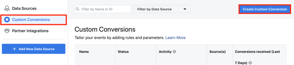 Z orodjem za nastavitev dogodka Facebook, korak 10, možnost menija nastavite pretvorbe po meri za pikslo Facebook 