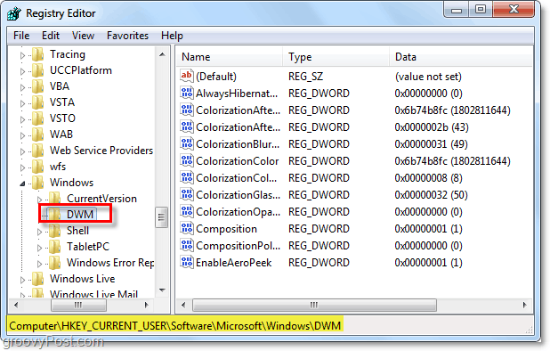 odprite registrski ključ dwm v operacijskem sistemu Windows 7
