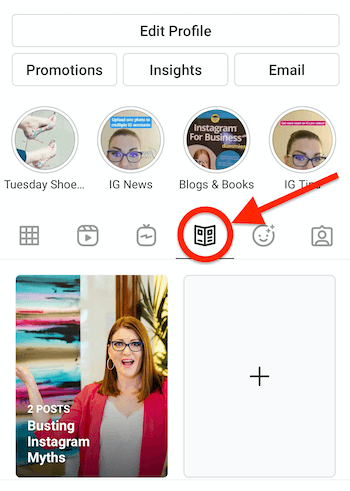 Instagram profil z ikono vodnika za časopis, ki je prisotna in označena, poleg ikone igtv