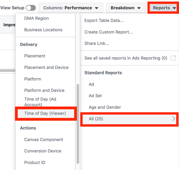 Nasveti za znižanje stroškov oglaševanja na Facebooku, možnost ogleda časa (pregledovalnik) v spustnem meniju Poročila na nadzorni plošči Facebook Ads