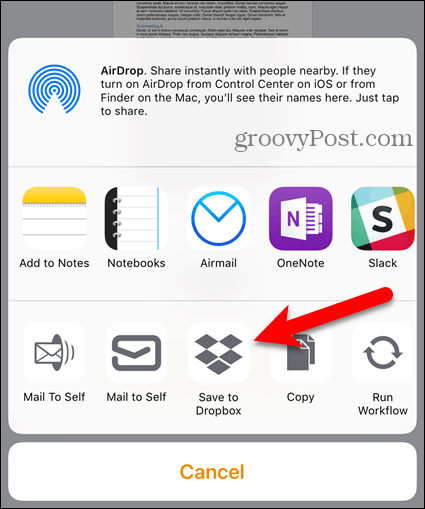 Tapnite Dropbox na listu za skupno rabo v iOS