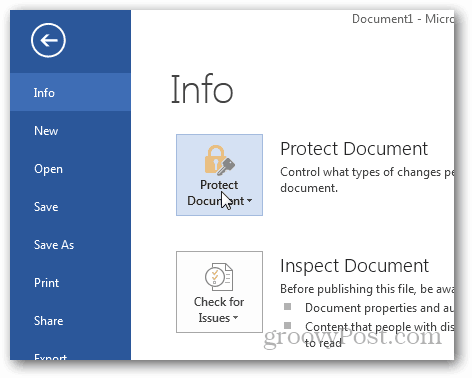 Zaščita gesla in šifriranje dokumentov Office 2013: Kliknite Zaščita dokumenta