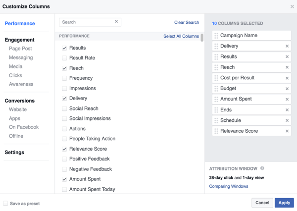 Izberite podatke, ki jih želite videti v tabeli rezultatov oglaševalske akcije Facebook.