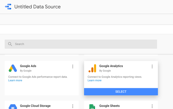 Uporabite Google Data Studio za analizo oglasov na Facebooku, korak 2, možnost uporabe storitve Google Analytics kot vira podatkov