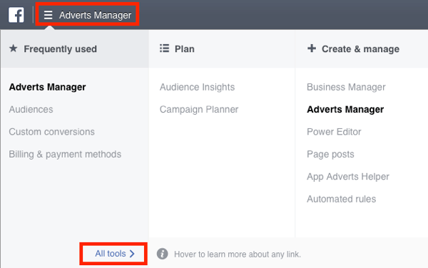 Pomaknite se do menija Facebook Ads Manager in izberite All Tools.