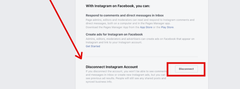 2. korak za odklop računa Instagram v nastavitvah strani Facebook
