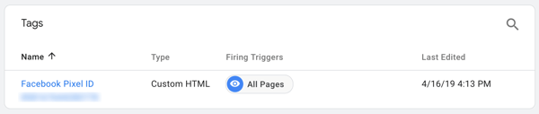Uporabite Google Tag Manager s Facebookom, korak 7, glejte oznako, poimenovano po vašem Facebook Pixel