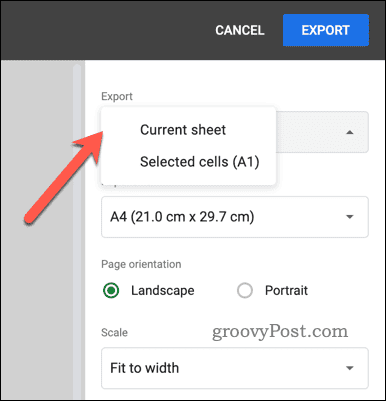 Izbira možnosti izvoza za izvoz PDF v Google Preglednice