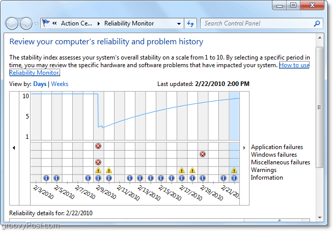 Kako uporabiti orodje Zgodovina zanesljivosti za diagnosticiranje težav Windows 7