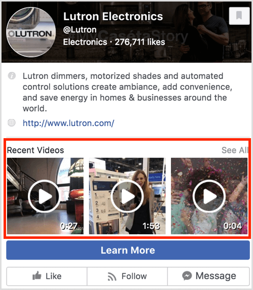 Predogled strani na Facebooku, ki prikazuje nedavne videoposnetke.