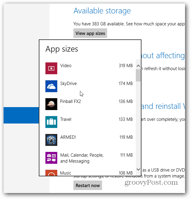 Prikazane velikosti aplikacij za Windows