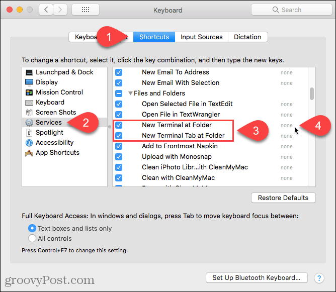 Kliknite Brez, da dodate bližnjico do storitve New Terminal at Folder na Macu
