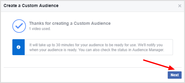 Facebook prikaže sporočilo, ki potrjuje, da je vaše video občinstvo po meri končano.