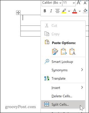 Možnosti pogovornega okna Word Split Cellls