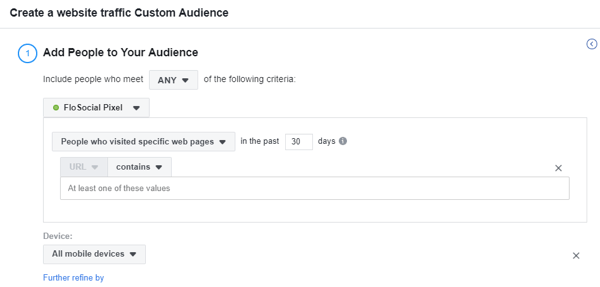 Uporabite orodje za nastavitev dogodkov Facebook, korak 17, nastavitve, da ustvarite občinstvo po meri obiska spletnega mesta na podlagi naprave