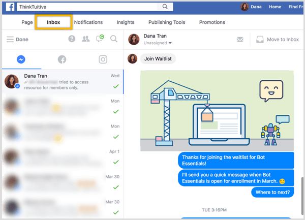 Facebook stran Inbox Messenger