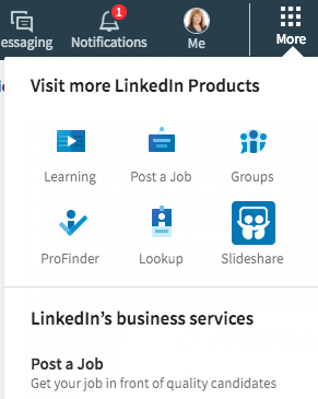 Veliko neposrednih povezav najdete v razdelku Več LinkedIna. Tu lahko ustvarite tudi stran podjetja.