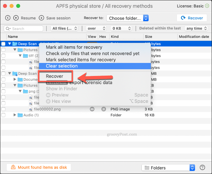 Obnovitev izbrisanih datotek v programu Disk Drill na macOS-u