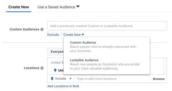 Možnosti za uporabo občinstva po meri ali podobnega občinstva za vodilno oglaševalsko akcijo na Facebooku.