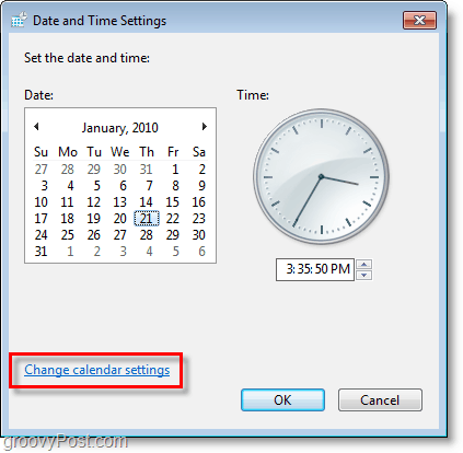 Posnetek zaslona sistema Windows 7 - spremenite nastavitve koledarja
