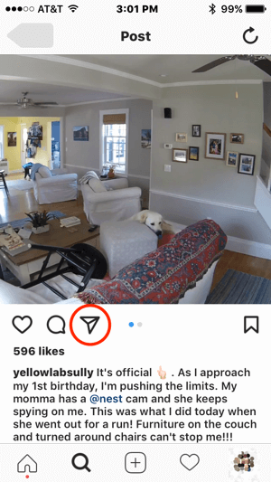 Če bi Nest želel stopiti v stik s tem uporabnikom Instagrama za dovoljenje za uporabo njihove vsebine, bi lahko sprožili komunikacijo s tapkanjem ikone neposrednega sporočila.