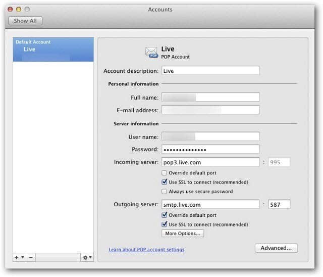Microsoft Outlook Mac 2011: Nastavitev Windows Live Mail s pomočjo POP3