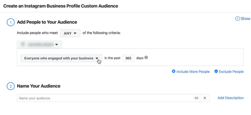 posnetek zaslona okna Ustvari Instagram Business Profile Custom Audience s privzetimi nastavitvami vseh, ki so sodelovali z vašim podjetjem v zadnjih 365 dneh