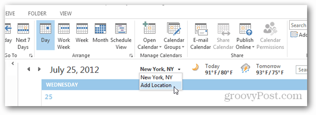 Predstavitev vremena v koledarju Outlook 2013 – Kliknite Dodaj lokacijo