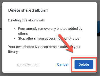 Potrditev izbrisa albuma v skupni rabi Google Photos