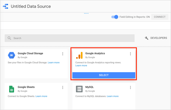 V Google Data Studio izberite priključek Google Analytics.