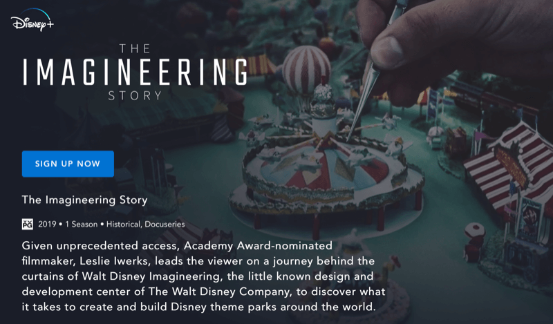 Spletna stran Disney + za The Imagineering Story