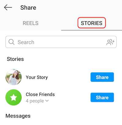 posnetek zaslona za objavo instagrama, ki prikazuje zavihek zgodb, ki omogoča, da se koluti delijo z vašo zgodbo ali seznamom bližnjih prijateljev