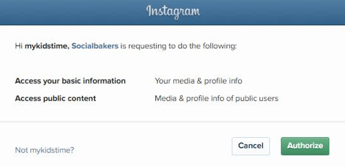 Pooblastite Socialbakerje za dostop do podatkov o vašem računu Instagram.