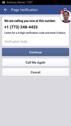 Počakajte na klic s Facebooka in zapišite 4-mestno kodo za preverjanje, ki ste jo dobili.