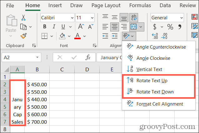 V Excelu zasukajte besedilo gor ali dol