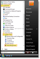 Zaženite program za defragmentiranje diska iz začetnega menija Windows Vista