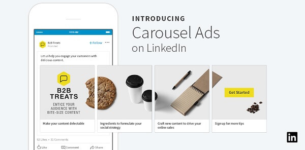 LinkedIn je predstavil nove oglase z vrtiljakom za sponzorirano vsebino, ki lahko vključujejo do 10 prilagojenih kartic, ki jih lahko povlečete.