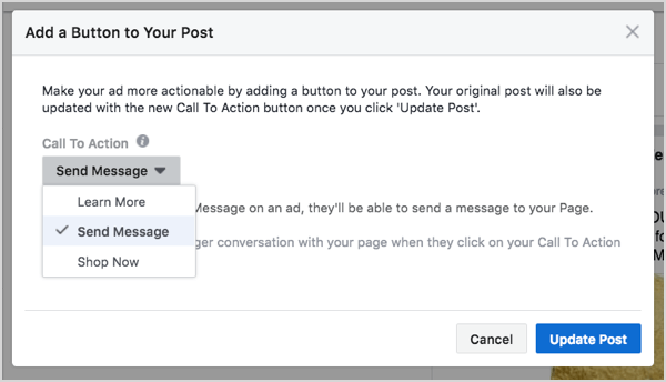 Izbira gumba Facebook Messenger pri ustvarjanju oglasov.
