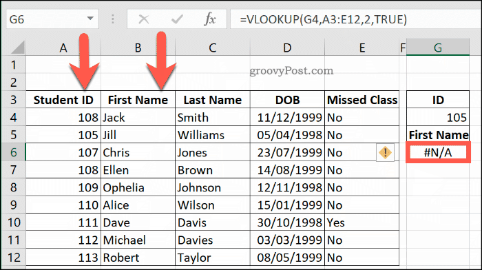 Še en primer napake NA z VLOOKUP v Excelu, ker obseg podatkov ni pravilno razvrščen