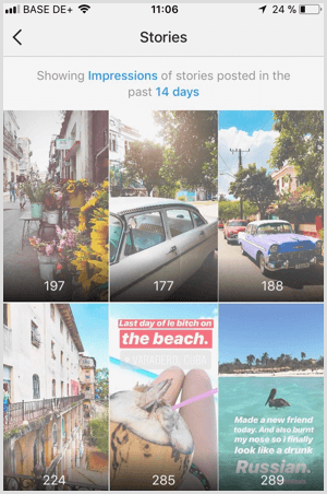 Oglejte si podatke o zgodbah Instagrama v storitvi Instagram Analytics.