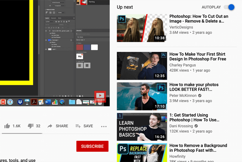 zaslon za ogled videoposnetka YouTube, ki prikazuje videoposnetke za samodejno predvajanje na desni strani zaslona, ​​ki ga priporoča youtube glede na gledano